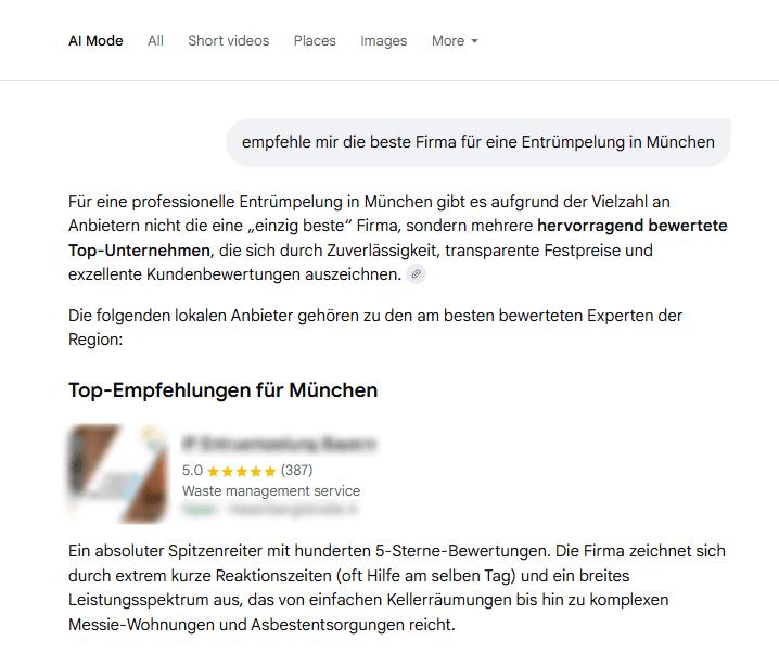 Case Study: Entrümpelungsdienst in Bayern: Screen von AI Mode